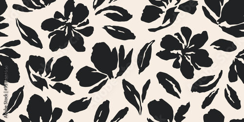 Flowers have organic shape with seamless background. Simple abstract floral pattern. Modern printing in black and white. Ideal for textile design, wallpaper, cards, posters and decoration.