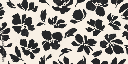 Flowers have organic shape with seamless background. Simple abstract floral pattern. Modern printing in black and white. Ideal for textile design, wallpaper, cards, posters and decoration.