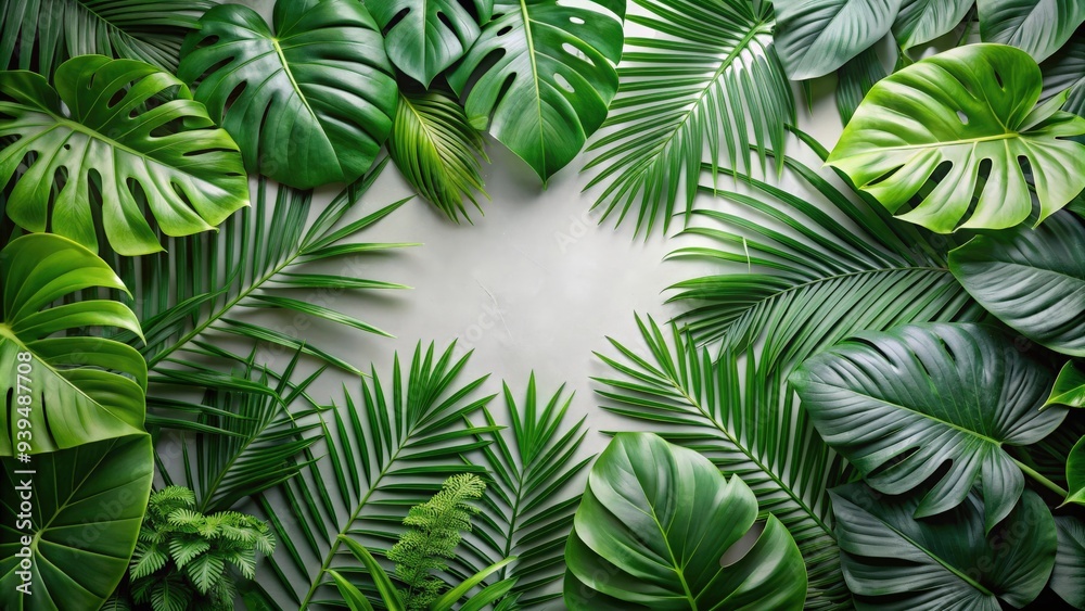Green tropical leaves Monstera, palm, fern and ornamental plants creating a lush backdrop of natural beauty, Monstera, palm Green tropical leaves Monstera, palm, fern and ornamental plants creating a lush backdrop of natural beauty, Monstera, palm