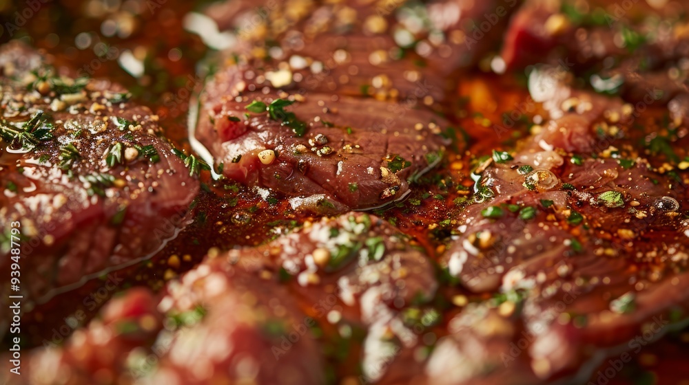 Close up of a tender steak soaking in a flavorful beer and brown sugar marinade with spices Close up of a tender steak soaking in a flavorful beer and brown sugar marinade with spices