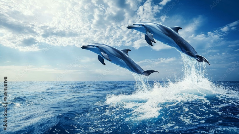 Obraz premium Open Ocean with Playful Dolphins Jumping