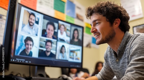 Wallpaper Mural A language teacher leading an online class via video conference, with a screen showing students from different parts of the world. Torontodigital.ca