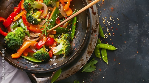 Stir-fried Vegetables in a Wok with Sesame Seeds photo