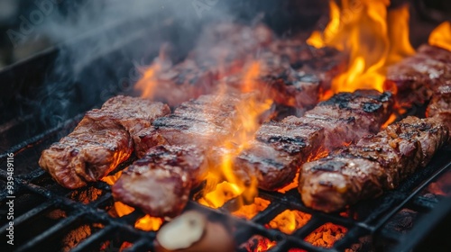 Grilling meat on an open flame with visible heat and smoke, outdoor BBQ setting