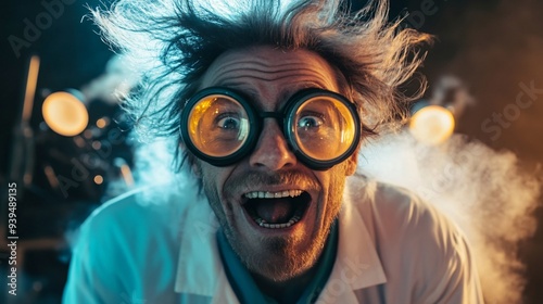 Eccentric Mad Scientist with Wild Hair and Goggles Showing Excitement Close-Up