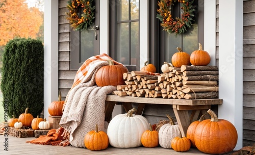Cozy Autumn Front Porch Decor with Pumpkins, Firewood, and Blankets
