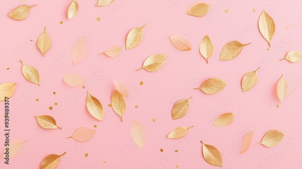 A flat lay of golden leaves scattered on a pink background, creating a festive aesthetic.