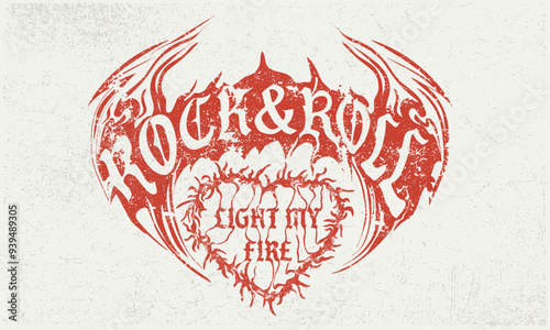 Rebel rock artwork. Fire heart graphic design for t shirt print, poster, sticker, background and other uses. Love you more, valentine day t shirt design.