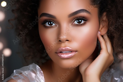 Close-up of the young model's face. Beauty girl with perfect skin make-up. Beautiful woman portrait. Concept of youth and beauty