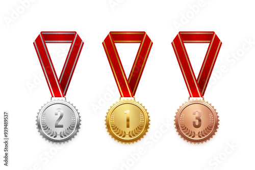 Gold, silver, bronze medals with numbers place and red ribbon set vector illustration. Realistic isolated trophy medal collection with metal reward badges for winners and champions.