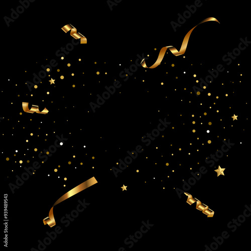 Festive background vector illustration. Golden ribbons, stars and confetti creative backdrop, square black banner with copyspace. Elegant colorful wallpaper design. 