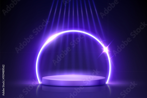 Blue violet podium for awards or product display vector illustration. Abstract empty 3d stage with neon glowing round frame and light rays on dark background. Luxury product presentation.