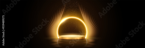 Gold podium for product presentation vector illustration. Abstract empty golden award platform with neon glowing round frame, rays, glitter confetti sparkle rain falling from above background.