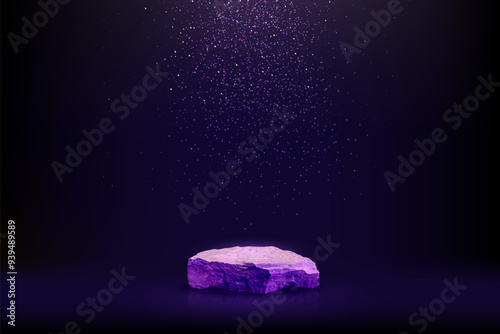 Violet stone podium background. Blue rock stand product display. Abstract empty award marble pedestal with confetti sparkle rain falling from above. Modern minimal cosmetic luxury realistic vector.