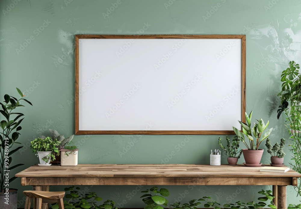 A blank whiteboard is hanging on the wall of an office, 