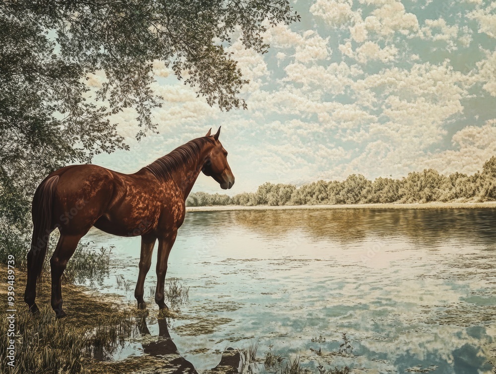 Brown Horse by Serene Riverside under Clear Blue Sky in Nature Landscape Brown Horse by Serene Riverside under Clear Blue Sky in Nature Landscape