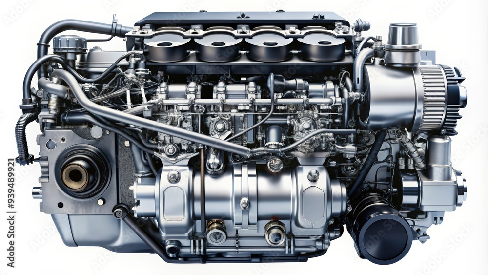 Detailed description A high detailed of a modern engine with visible components, automotive, machine, technology, motor Detailed description A high detailed of a modern engine with visible components, automotive, machine, technology, motor