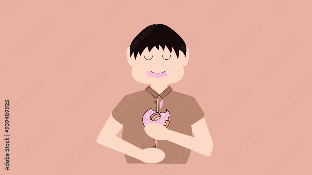 Overweight man eats glazed donut and enjoys taste of his favorite dessert. Fat man got his face dirty with sweet food while having snack. Unhealthy food and excess weight with unlimited nutrition Overweight man eats glazed donut and enjoys taste of his favorite dessert. Fat man got his face dirty with sweet food while having snack. Unhealthy food and excess weight with unlimited nutrition
