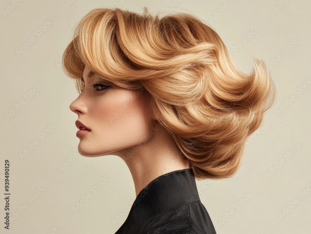 Elegant Woman with Retro Hairstyle Posing in Profile on Beige Background Elegant Woman with Retro Hairstyle Posing in Profile on Beige Background