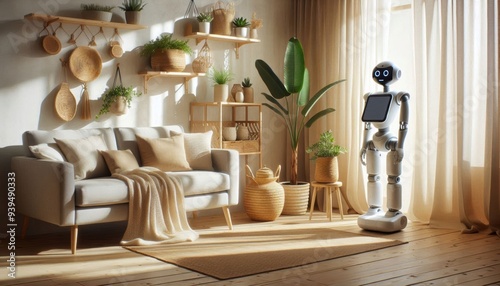 A cozy, modern living room with natural decor, potted plants, woven baskets, houseplant on a wooden shelf, neutral-toned sofa with throw pillows, a robot assistant standing on the floor, sunlight stre