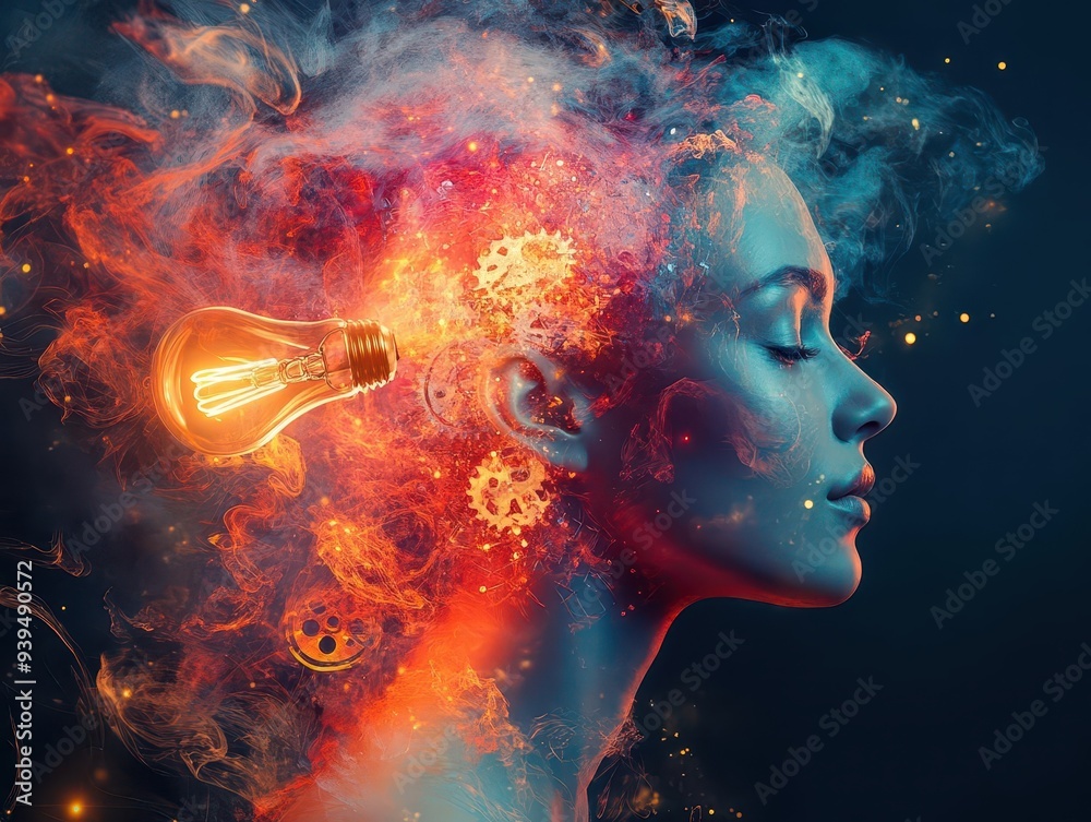 surreal 3d collage of human head with lightbulb gears and abstract shapes vibrant colors holographic effects and dynamic composition representing creativity surreal 3d collage of human head with lightbulb gears and abstract shapes vibrant colors holographic effects and dynamic composition representing creativity