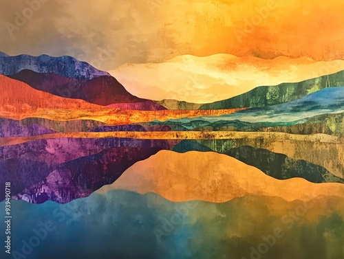 Colorful Abstract Mountain Landscape with Reflections and Vibrant Textures