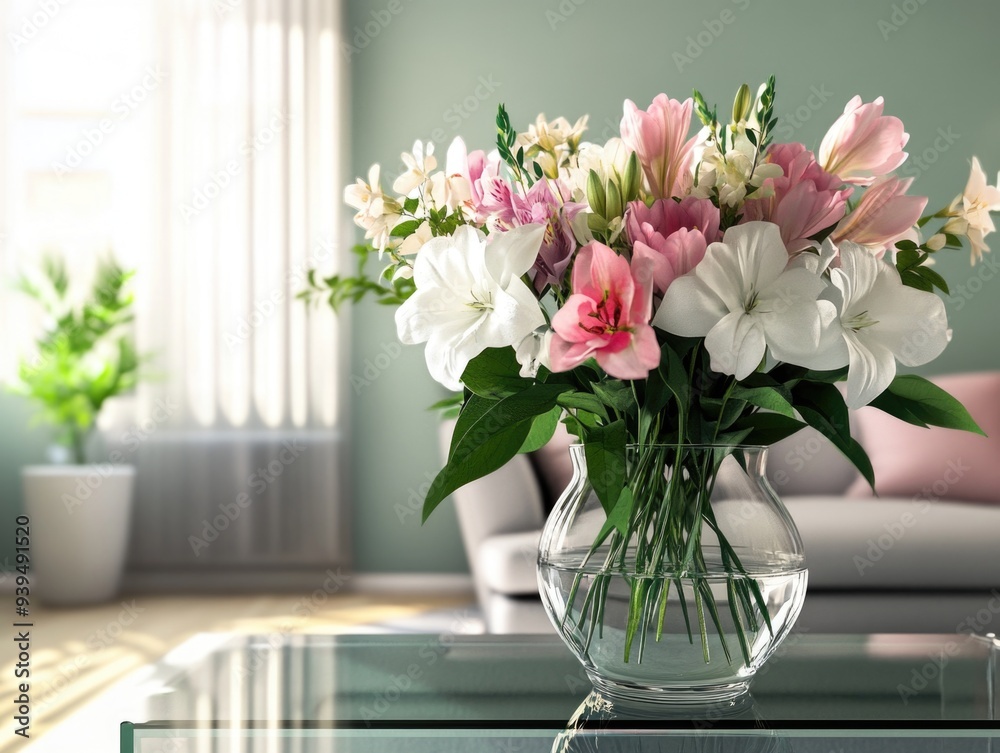 Elegant Glass Vase with Fresh Spring Flowers in a Cozy Living Room Setting Elegant Glass Vase with Fresh Spring Flowers in a Cozy Living Room Setting