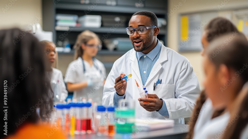 A scientist in a lab coat teaching a group of students about a chemistry experiment, with various colorful chemicals on the table A scientist in a lab coat teaching a group of students about a chemistry experiment, with various colorful chemicals on the table