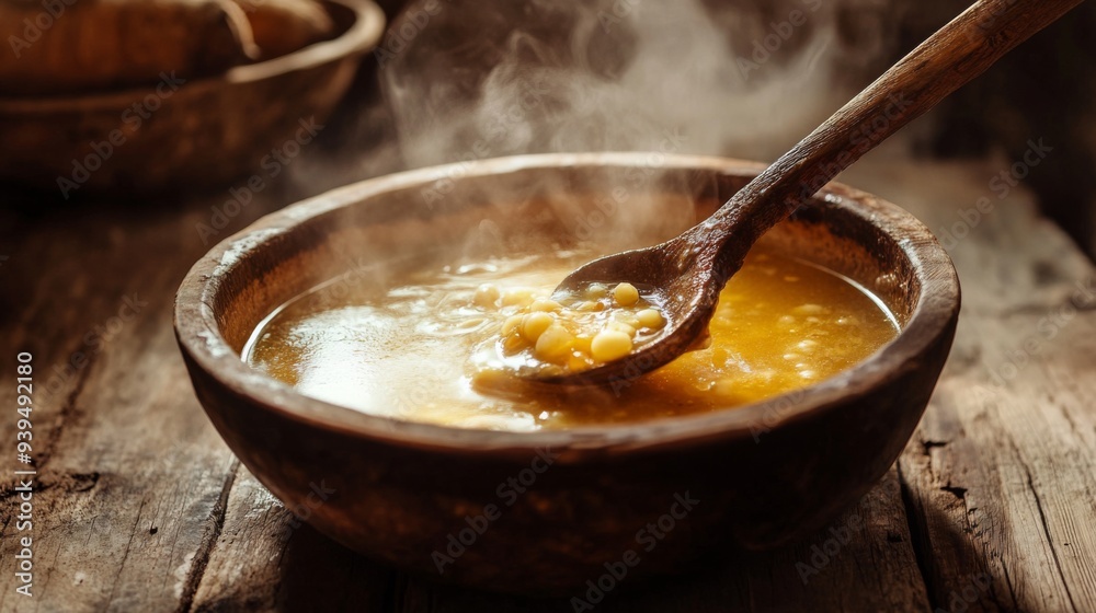 Hot soup being ladled into a bowl, steam swirling up from the rich broth, rustic wooden table Hot soup being ladled into a bowl, steam swirling up from the rich broth, rustic wooden table