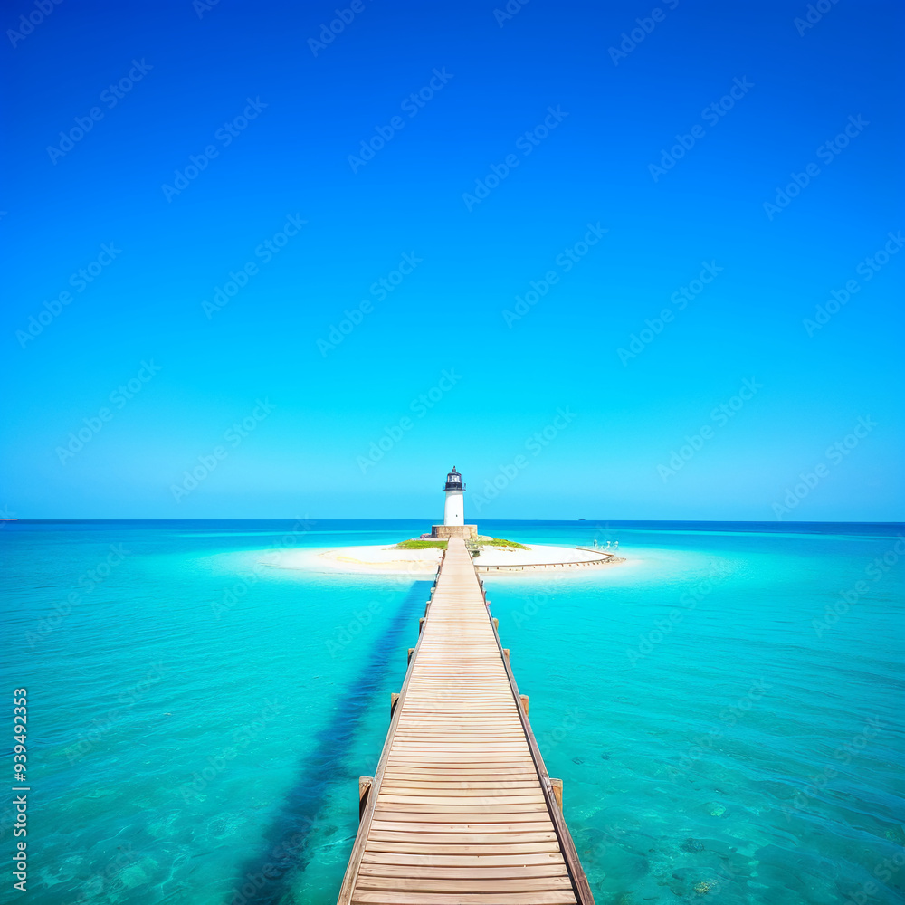 Obraz premium Long Wooden Pier Leading to a Lighthouse on a Small Island