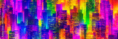 Futuristic colorful night city with neon lights in pixel art retrowave style. Retro 8-bit cityscape background with dithering effect. Vintage retro video game background. Vector illustration in 8-bit