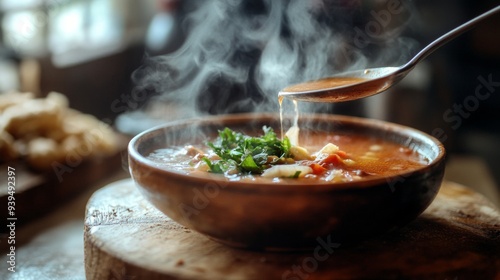 Hot soup being ladled into a bowl, steam swirling up from the rich broth, rustic wooden table