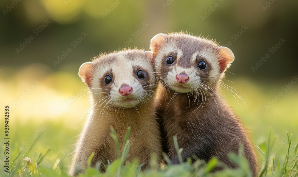 Two playful ferret siblings exploring together in a grassy field, ferret, siblings, brothers, playful, animals, cute, furry, Generative AI Two playful ferret siblings exploring together in a grassy field, ferret, siblings, brothers, playful, animals, cute, furry, Generative AI