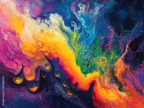 Colorful Abstract Fluid Art Painting with Vivid Rainbow Hues and Dynamic Swirls photo