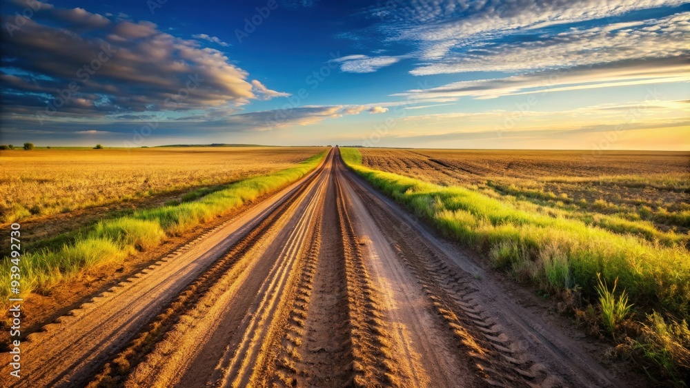 Fototapeta premium Wheel tracks on dirt road leading into the distance, dirt, road, tracks, wheel, vehicle, transportation, nature, outdoor, trail