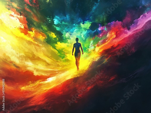 Colorful Abstract Silhouette of Person Walking Through Vivid Dreamscape