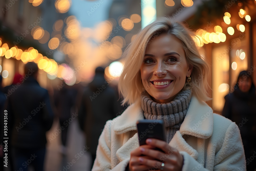 smiling woman with phone on New Year's or Christmas night on the street
