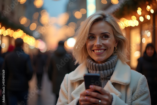 Obraz na płótnie smiling woman with phone on New Year's or Christmas night on the street w salonie