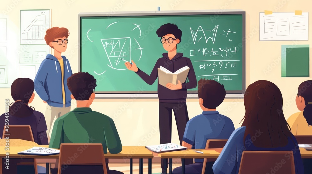 A teacher standing in front of a smartboard, explaining a complex math ...