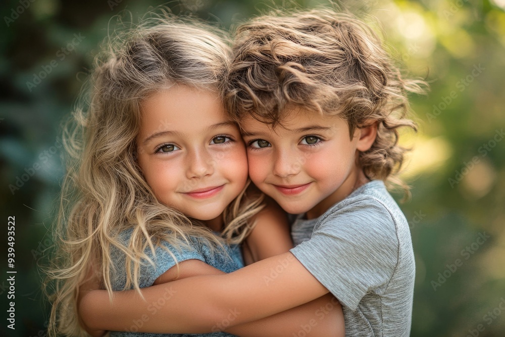Happy siblings hugging lovingly in summer park. Young children brother and sister embracing each other outdoors. Family love and relationship concept, Generative AI Happy siblings hugging lovingly in summer park. Young children brother and sister embracing each other outdoors. Family love and relationship concept, Generative AI