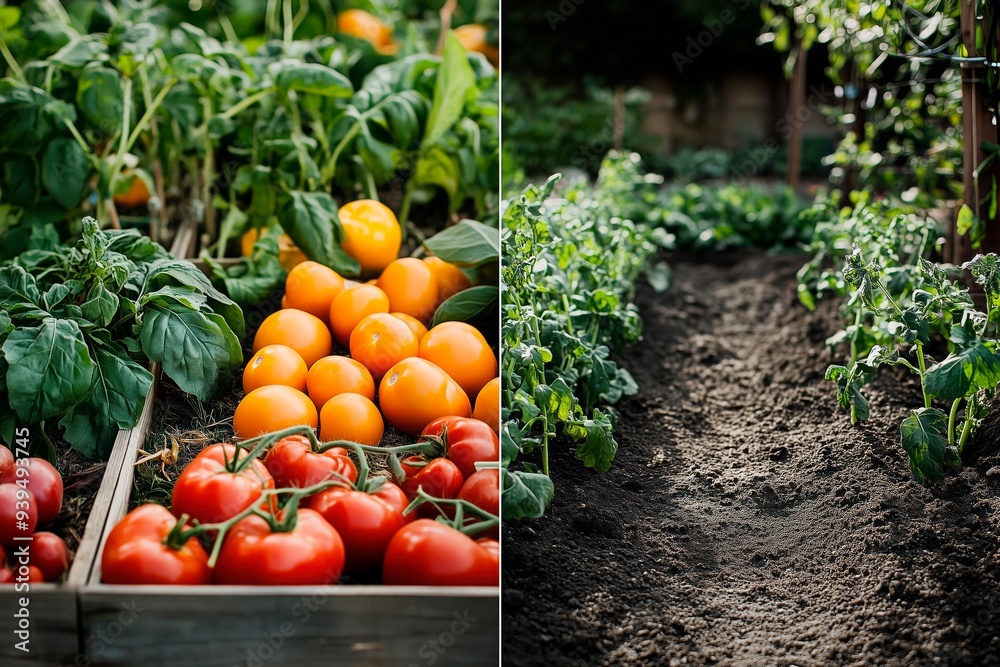Fresh tomatoes and oranges in a thriving garden showcasing healthy produce and rich soil during a sunny afternoon Fresh tomatoes and oranges in a thriving garden showcasing healthy produce and rich soil during a sunny afternoon