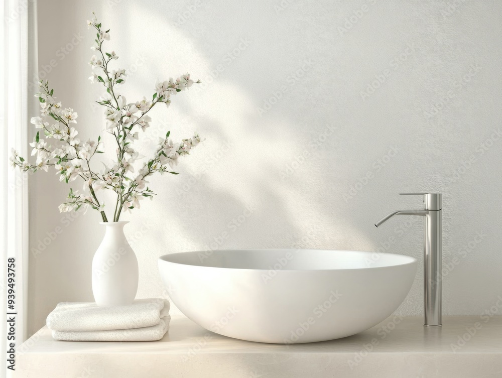 Modern Minimalist Bathroom Interior with White Vessel Sink and Elegant Flower Arrangement Modern Minimalist Bathroom Interior with White Vessel Sink and Elegant Flower Arrangement