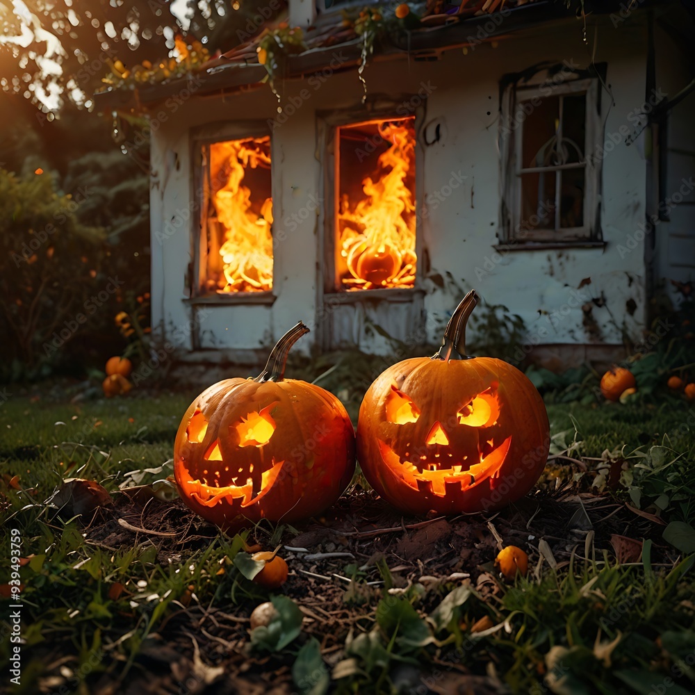 Old house with Halloween pumpkins in the garden Old house with Halloween pumpkins in the garden