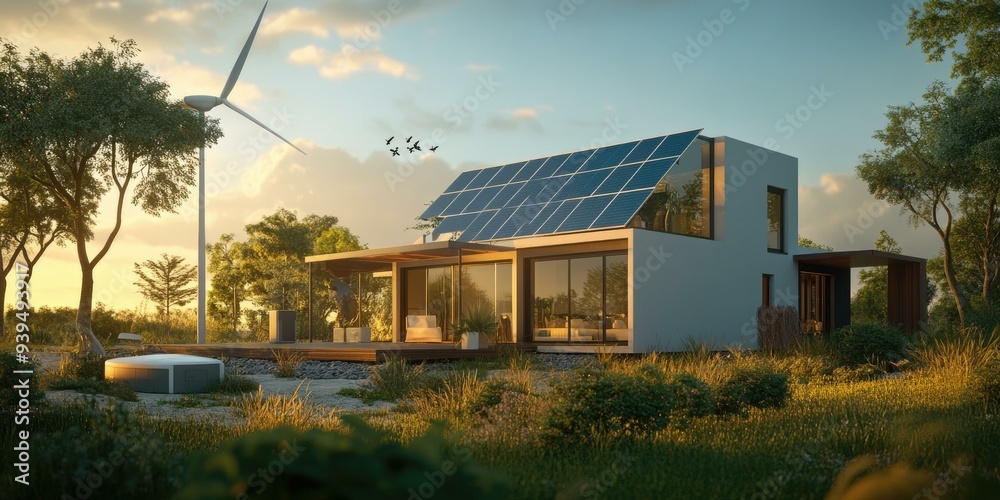 Modern house with solar panels and wind turbine. Modern house with solar panels and wind turbine.