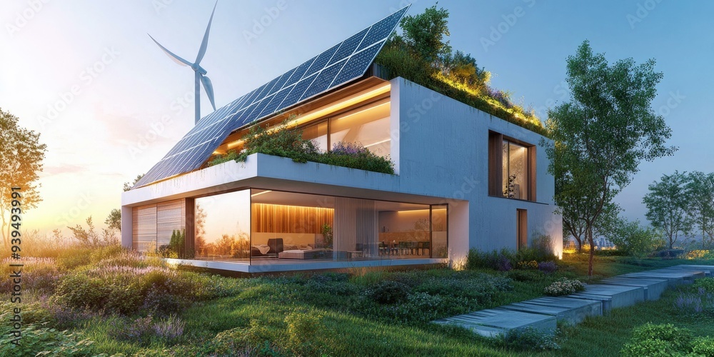 Modern house with solar panels and wind turbine. Modern house with solar panels and wind turbine.