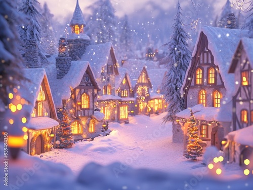 Charming Snowy Village with Decorated Christmas Trees and Cozy Illuminated Houses