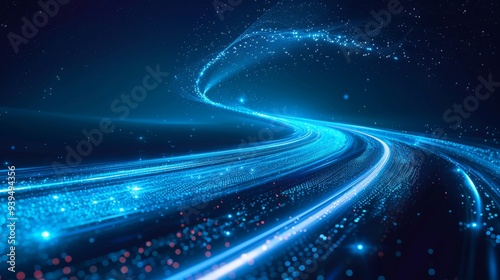 Stunning abstract representation of digital light trails forming a twisting, winding path in brilliant blue on a contrasting dark background. photo