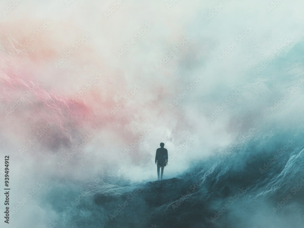 Lone Figure in Misty Landscape: Solitude and Serenity in Nature's Embrace Lone Figure in Misty Landscape: Solitude and Serenity in Nature's Embrace