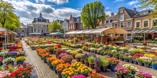 Vibrant weekly flower market at Janskerkhof in Utrecht, Netherlands, flowers, market, colorful, bouquets, stalls, outdoors photo