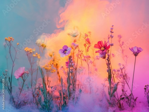 Ethereal Wildflowers in Vibrant Colorful Smoke with Dreamy Lighting photo